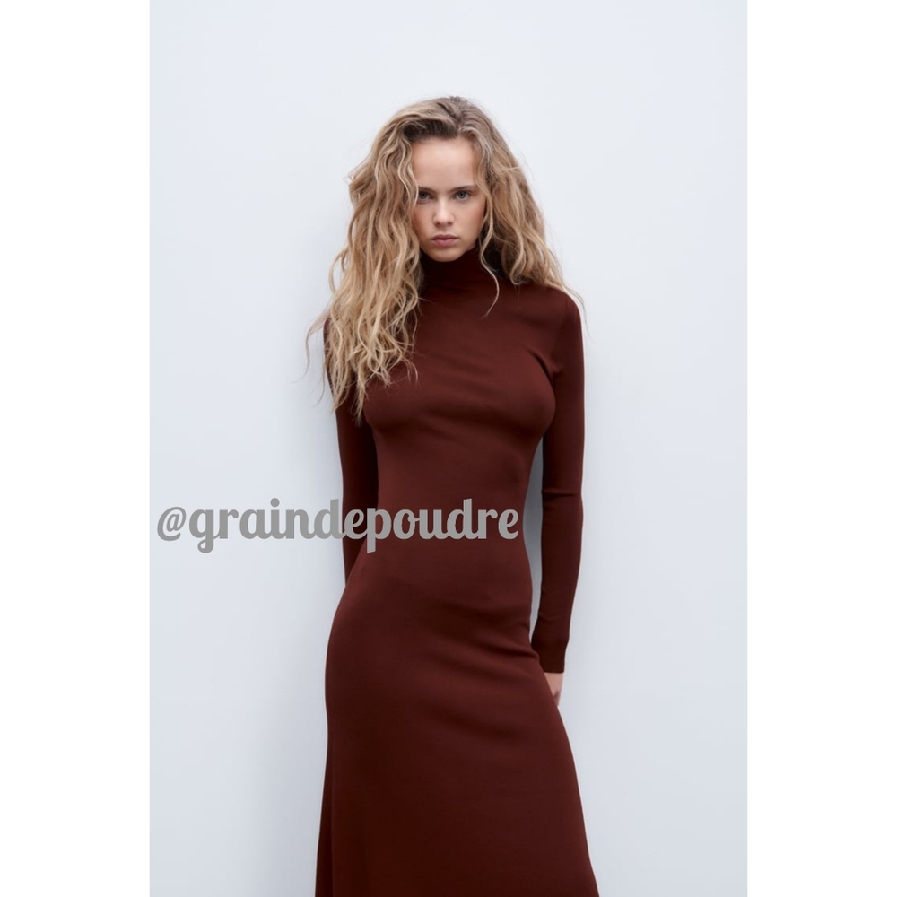 Rare! Zara Chocolate Brown Mock Neck Back Cutout Slit Knit Maxi Swing Dress S - Picture 2 of 6